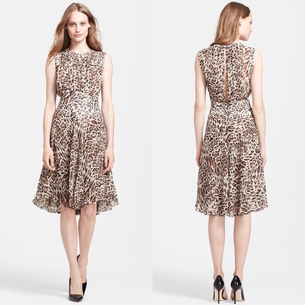L’agence Pleated Leopard Keyhole Print Dress sz2